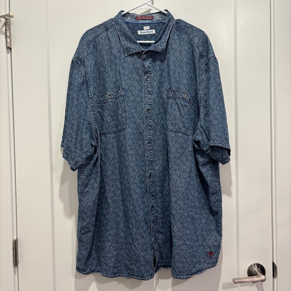 Tommy Bahama Mens 3XL Blue Tropical Palm Tree Print Short Sleeve Button Down